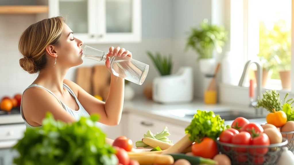 Woman drinking water in bright kitchen with fresh vegetables and whole foods on counter, natural daylight, healthy lifestyle focus, candid moment