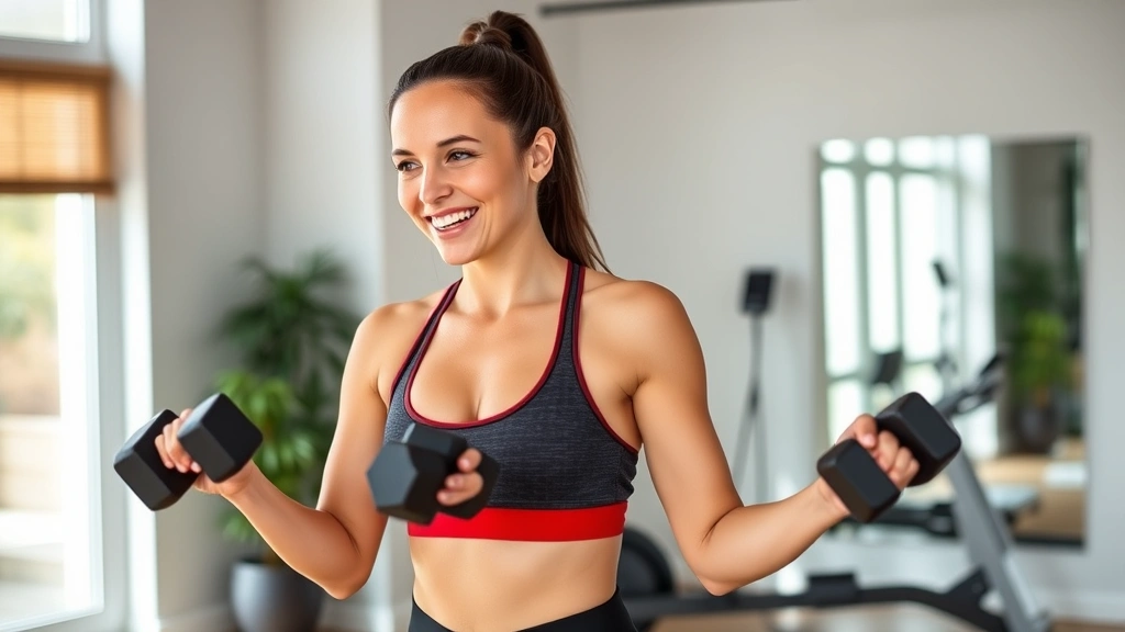 Woman in athletic wear doing resistance training with dumbbells in modern home gym, smiling with confidence, natural lighting