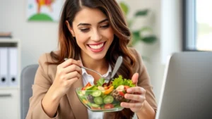 Woman in professional attire eating a colorful salad at her desk, natural office lighting, healthy meal bowl with vegetables and protein, energetic and positive expression