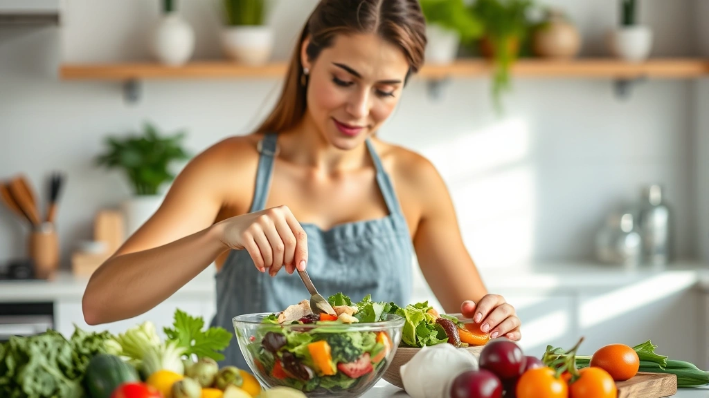 Woman preparing colorful salad with fresh vegetables, leafy greens, and protein sources in bright kitchen, natural lighting, healthy meal preparation