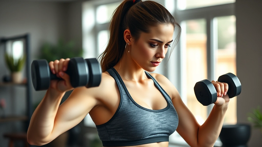 Woman in athletic wear performing resistance training with dumbbells in bright, modern home gym setting with natural lighting, focused expression showing determination and strength