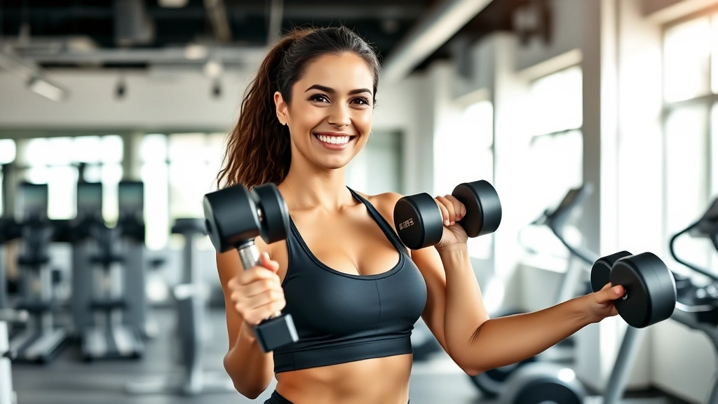 Professional woman in athletic wear doing strength training with dumbbells in a bright, modern gym setting, smiling confidently, natural lighting, healthy and fit appearance