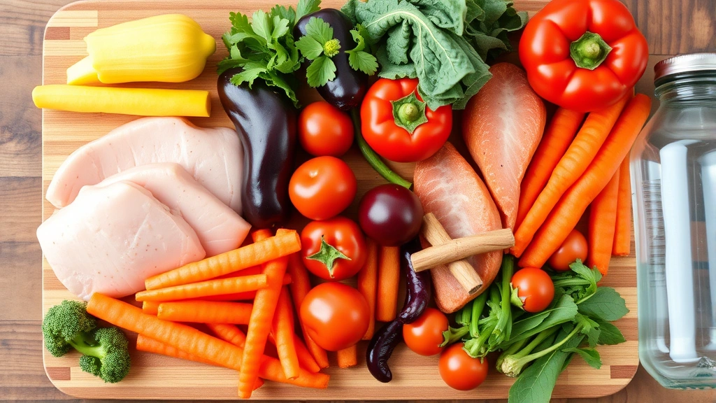 Fresh colorful vegetables and lean proteins arranged on a wooden cutting board with water bottle nearby, showcasing healthy whole foods for balanced nutrition and weight management