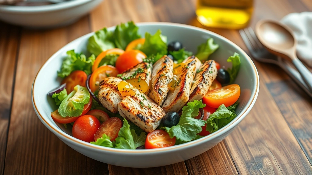 Colorful salad bowl with grilled chicken, fresh vegetables, olive oil drizzle, wooden table setting, appetizing health food presentation