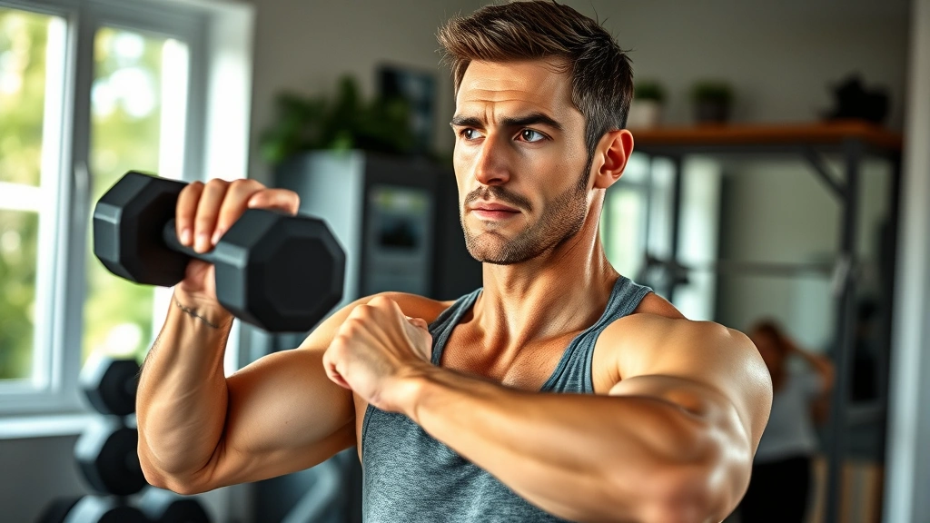 Person doing resistance training with dumbbells in home gym environment, focused expression, natural lighting, showing strength exercise