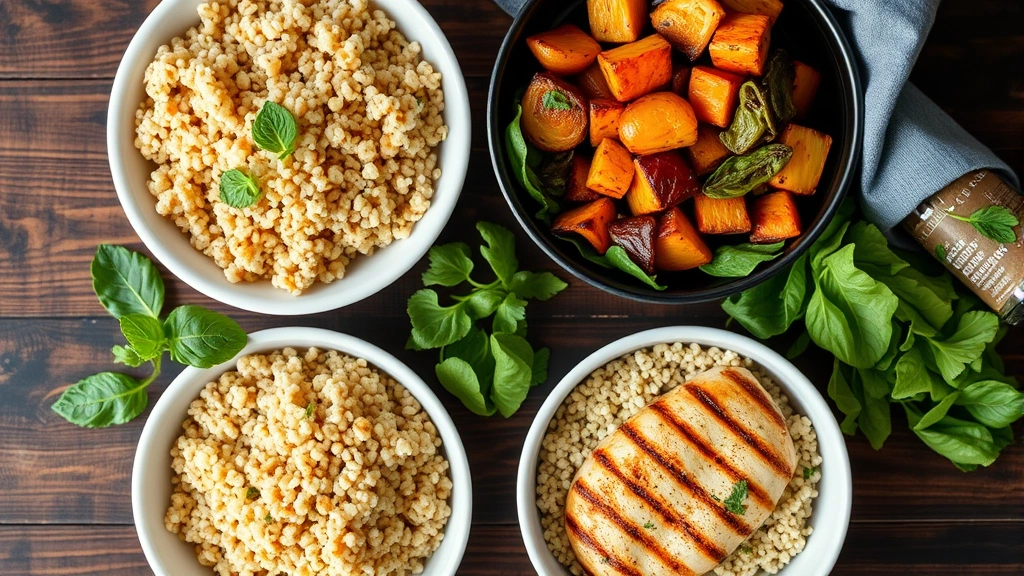 Overhead view of a nutritious meal prep spread including grilled chicken breast, quinoa, roasted vegetables, and fresh leafy greens on a wooden table