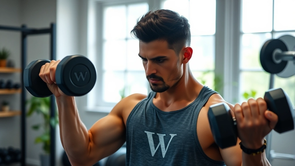 Person performing resistance training with dumbbells in well-lit home gym, showing strength and fitness focus