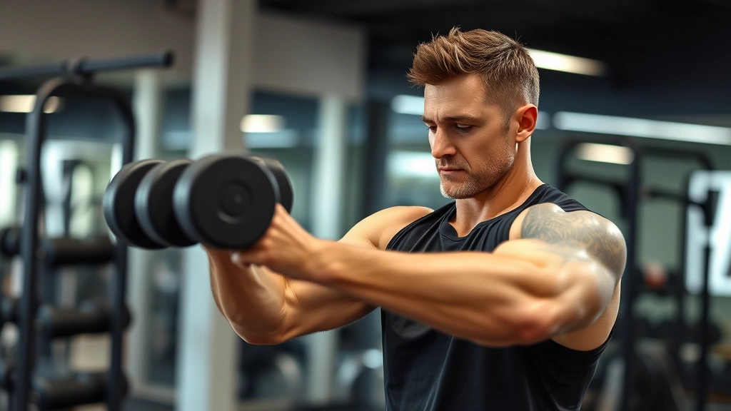 Person performing strength training with dumbbells in modern gym setting, focused expression, proper form during resistance exercise, fitness equipment visible in background