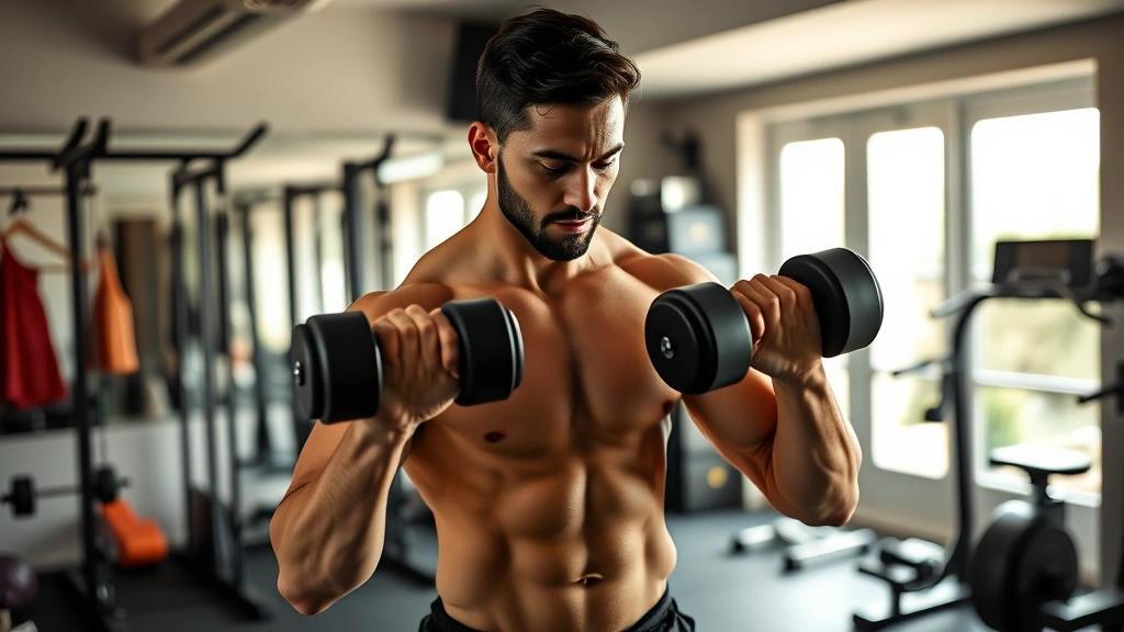 A fit person performing a strength training exercise with dumbbells in a well-lit home gym, showing proper form and determination, surrounded by wellness equipment