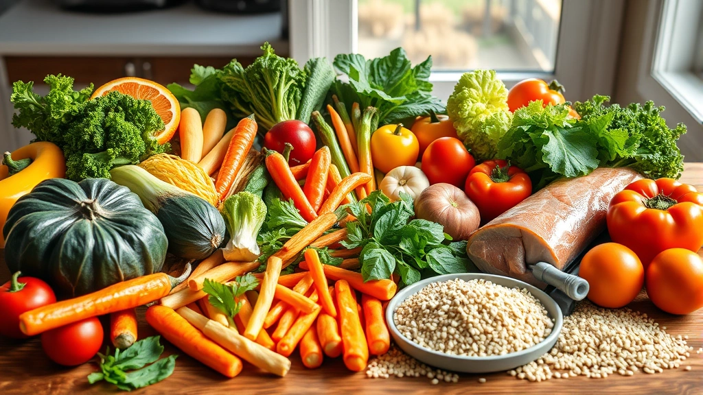 Colorful variety of fresh vegetables, lean proteins, and whole grains arranged on a wooden table with soft natural sunlight, showcasing healthy nutrition choices without text or labels