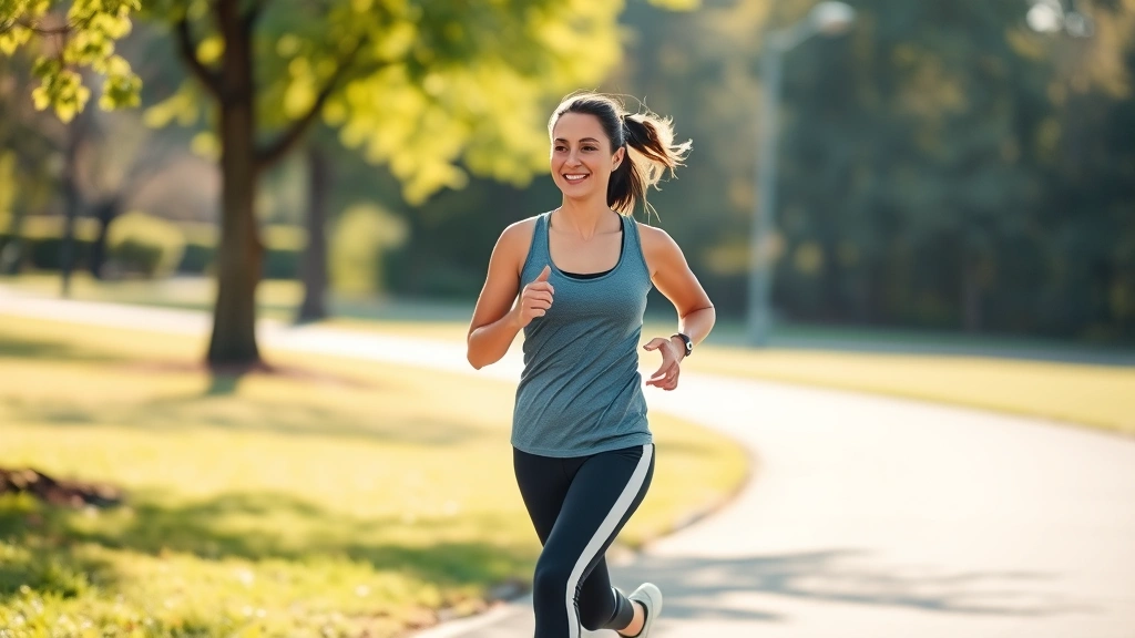 Professional woman jogging outdoors in park, athletic wear, confident expression, morning light, health and fitness in action