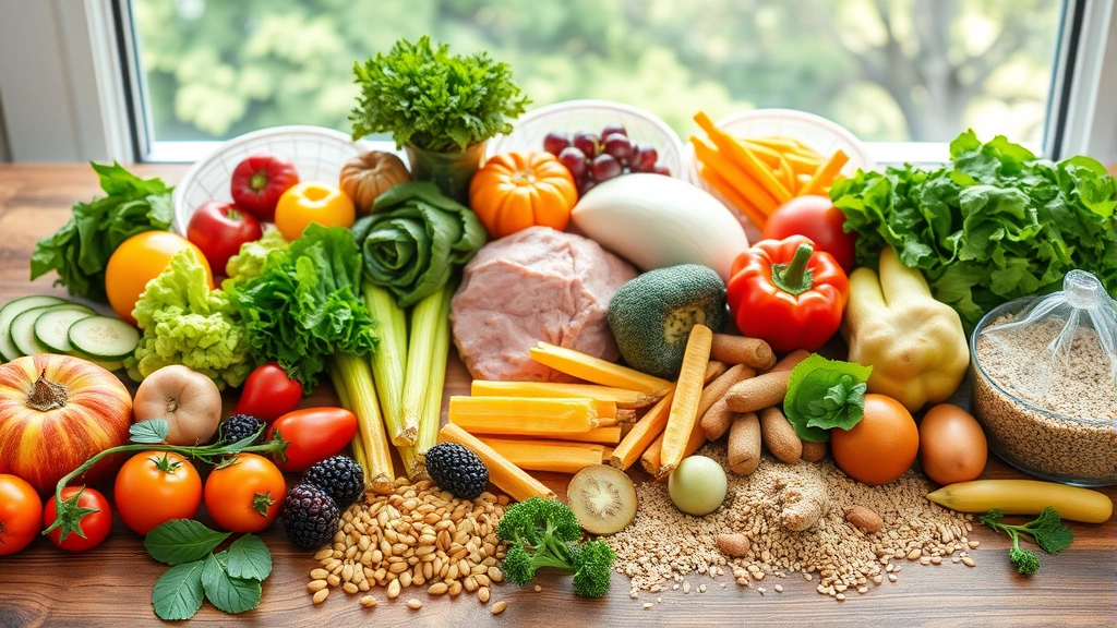 Colorful array of fresh vegetables, fruits, lean proteins, and whole grains arranged on a wooden table in natural daylight, representing balanced nutrition