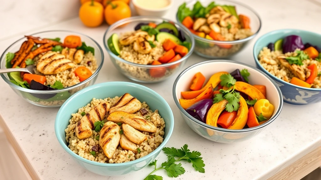 Colorful healthy meal prep bowls with grilled chicken, quinoa, roasted vegetables, and fresh herbs arranged on kitchen counter