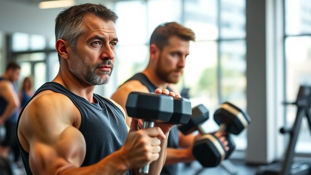 Person doing strength training with dumbbells in a bright modern gym, focused and confident expression