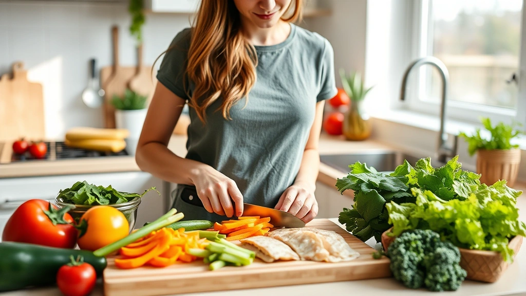 Woman preparing nutritious meal with fresh vegetables and lean protein in modern kitchen, chopping colorful produce on cutting board with natural lighting