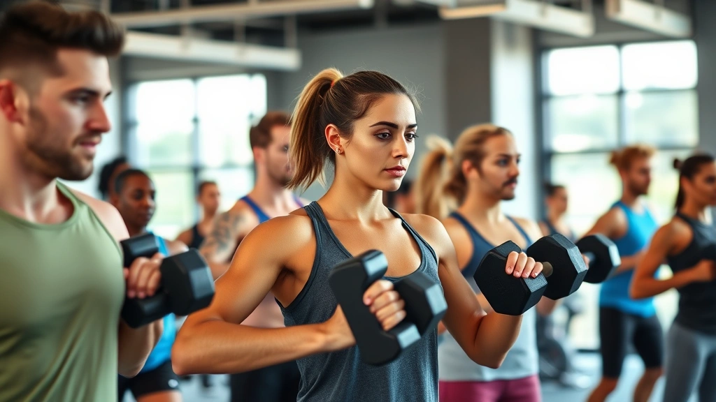 Diverse group of people doing resistance training with dumbbells in modern gym facility, focused expressions, natural lighting, strength training in progress
