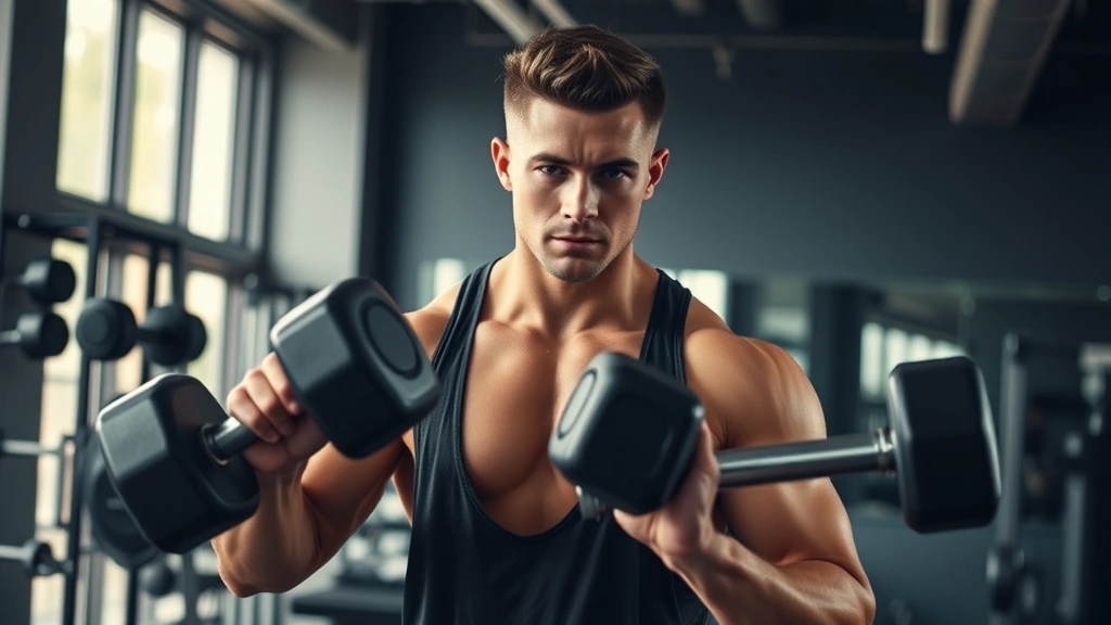 Person performing strength training with dumbbells in modern gym, focused expression, strong physique, motivational fitness environment with natural daylight