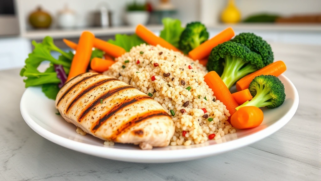 Colorful fresh vegetables and lean proteins arranged on white plate, grilled chicken breast, quinoa, steamed broccoli and carrots, clean modern kitchen background, appetizing presentation