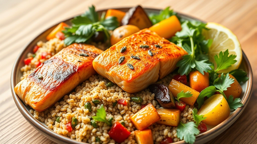 A colorful plate of healthy whole foods including grilled salmon, quinoa, roasted vegetables, and fresh greens arranged beautifully, natural lighting, photorealistic