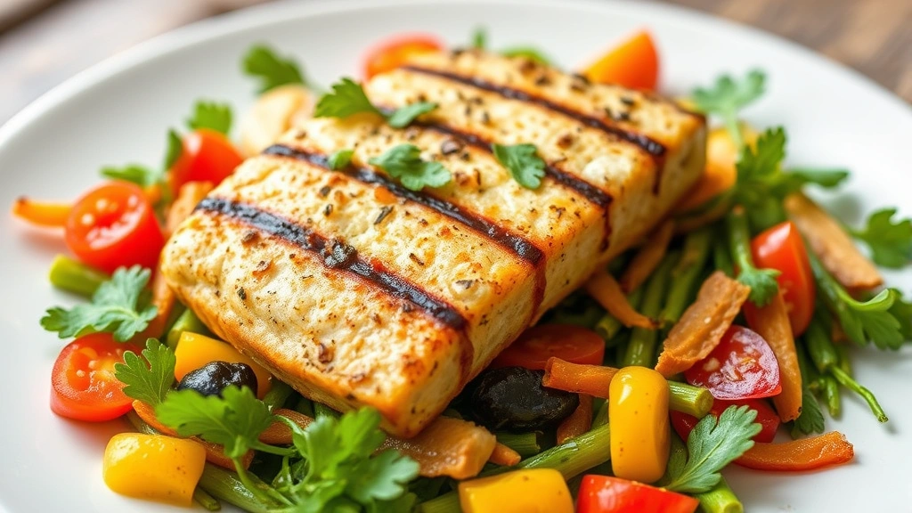 Close-up of colorful fresh vegetables and lean protein on a plate, Mediterranean-style meal, natural lighting, appetizing presentation
