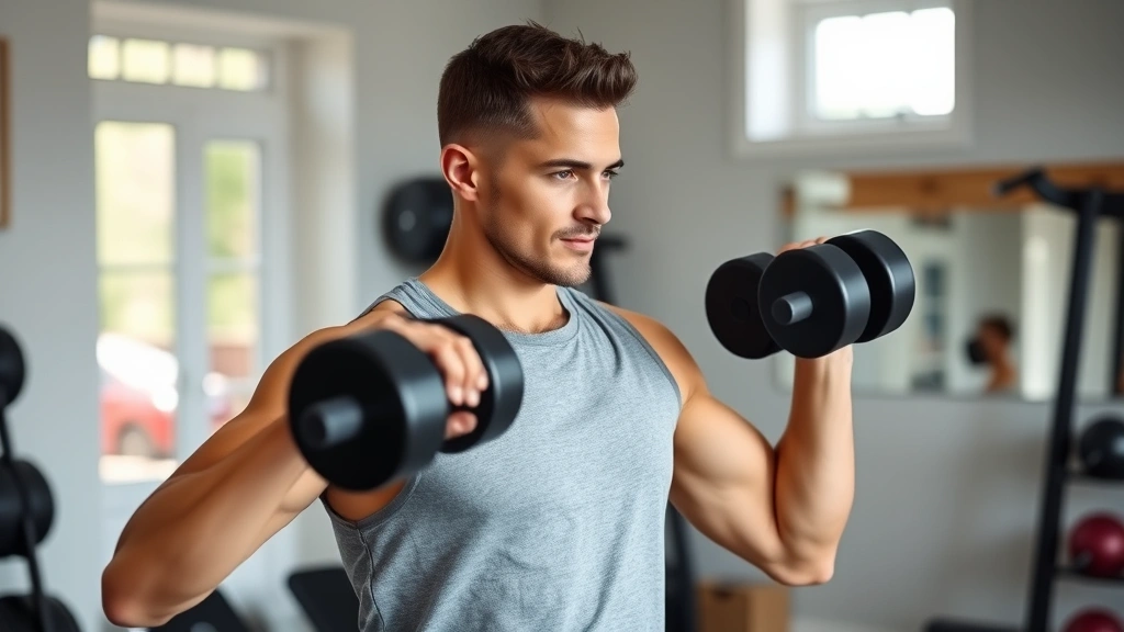Person performing dumbbell exercises in a home gym setting, demonstrating strength training form, confident posture, natural daylight