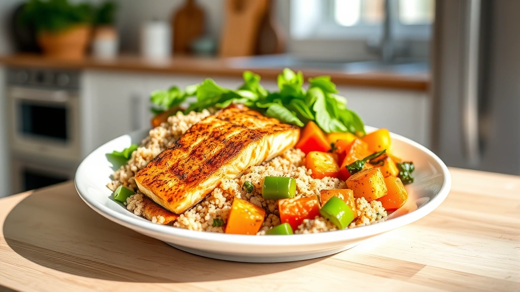 Colorful balanced meal plate with grilled salmon, quinoa, roasted vegetables, and fresh greens on white dish, bright kitchen background, natural daylight
