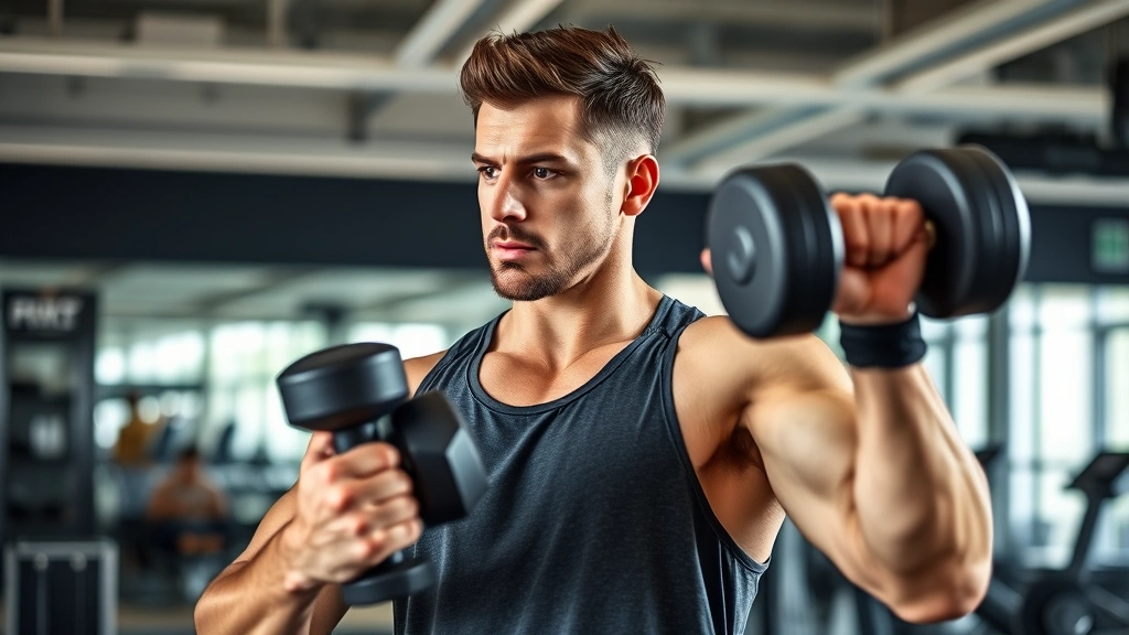 Person doing strength training with dumbbells in modern gym, focused expression, proper form, clean gym environment with natural light