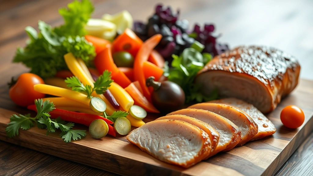 Colorful fresh vegetables and lean protein on wooden cutting board, meal preparation scene, healthy whole foods, vibrant natural lighting