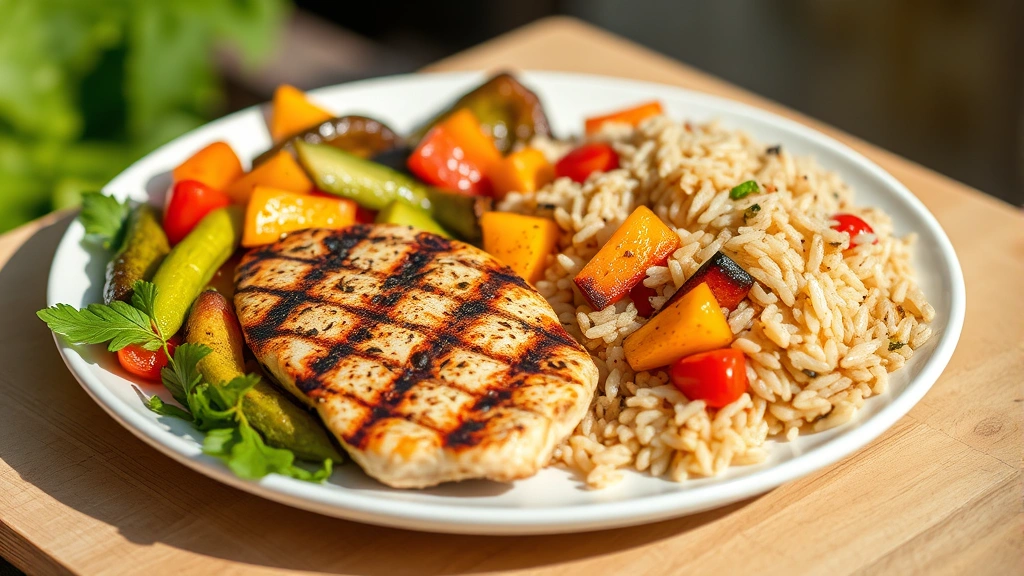 A nutritious meal plate featuring grilled chicken breast, colorful roasted vegetables, and whole grain rice in natural daylight, showcasing balanced healthy eating