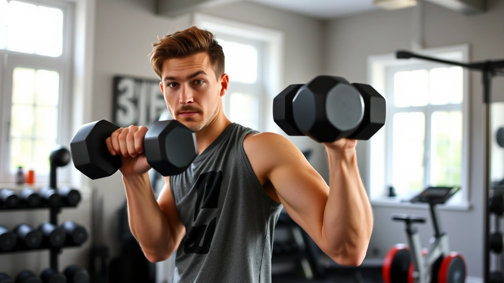 Person doing strength training with dumbbells in home gym, focused expression, proper form demonstration, natural daylight from windows, fitness equipment visible