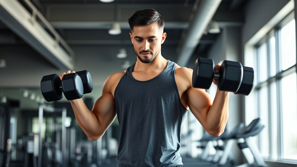 Person doing resistance training with dumbbells in modern gym, showing proper form, natural lighting, athletic wear, confident posture, clean background