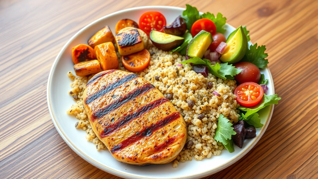 Colorful balanced meal plate with grilled chicken breast, quinoa, roasted vegetables, and fresh salad, wooden table, natural daylight, appetizing presentation