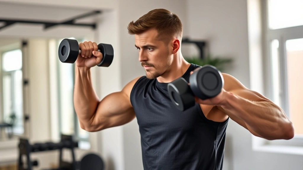 Person performing strength training with dumbbells in modern home gym, focused expression, proper form, energy and determination visible