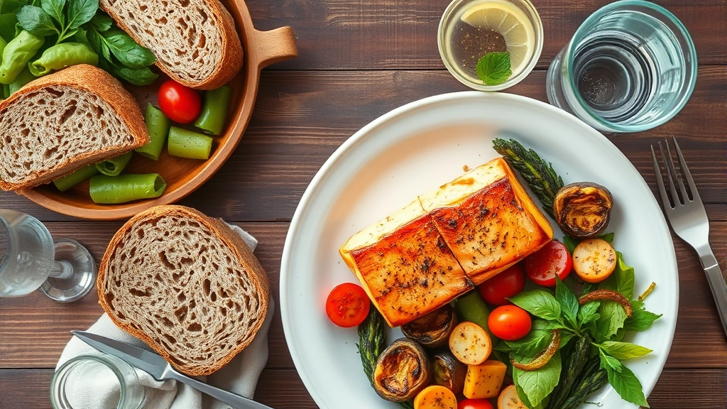 Overhead view of colorful Mediterranean-style meal with grilled salmon, roasted vegetables, whole grain bread, and fresh water glass on wooden table