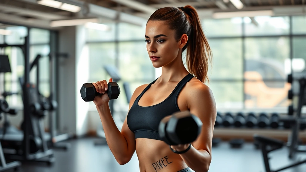 Fit woman doing resistance training with dumbbells in modern gym, focused expression, strength training workout, professional setting