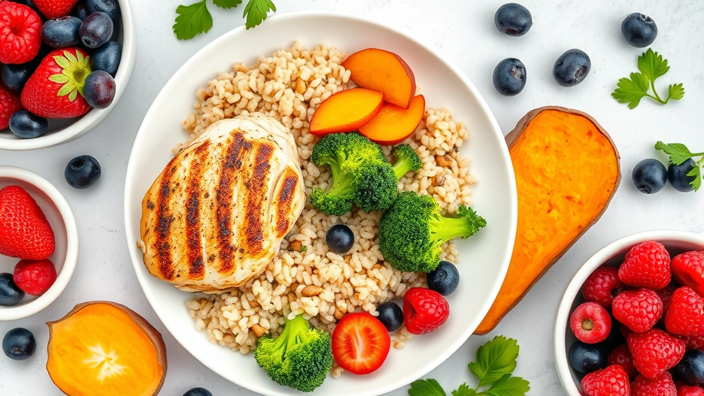 Overhead flat lay of colorful whole foods including grilled chicken breast, quinoa, fresh broccoli, sweet potato, and mixed berries on white plate, natural daylight, vibrant and appetizing presentation