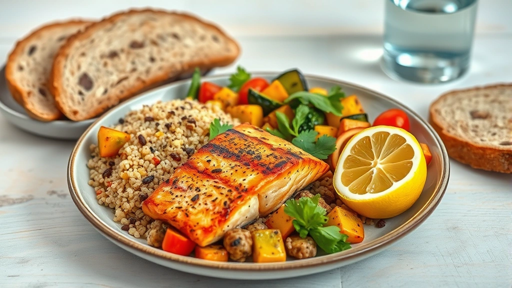 Colorful Mediterranean meal plate with grilled salmon, quinoa, roasted vegetables, olive oil drizzle, fresh lemon, whole grain bread on light wooden table with water glass, appetizing and nutritious