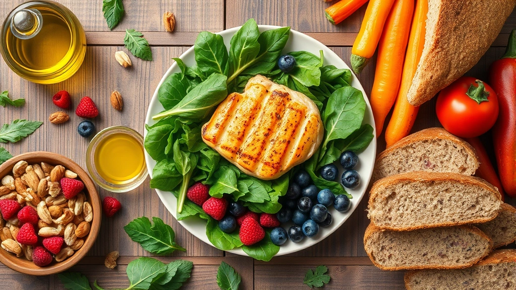 Overhead view of colorful whole foods arranged on a wooden table: grilled chicken breast, fresh leafy greens, berries, nuts, olive oil, whole grain bread, vibrant vegetables