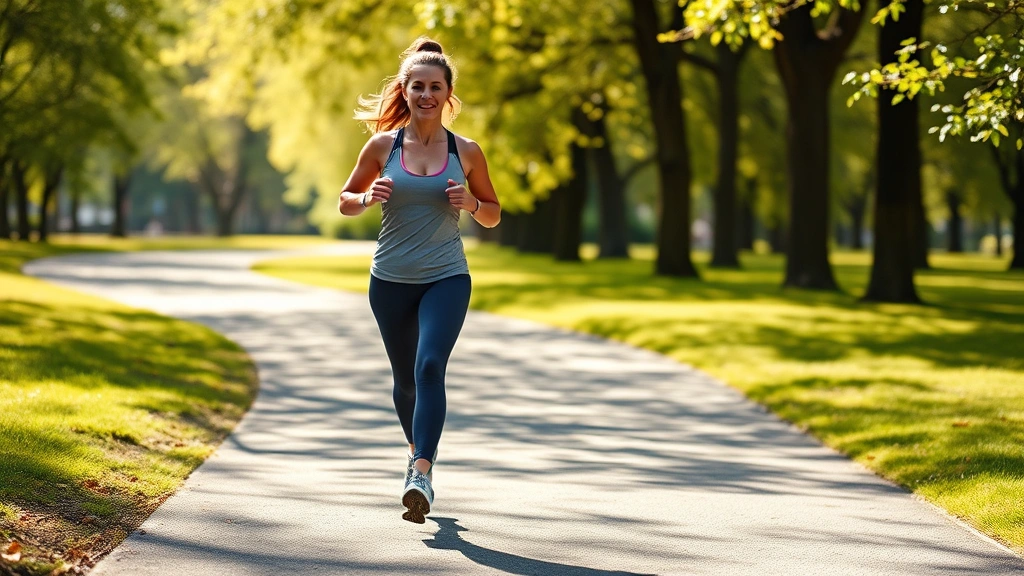 Active woman jogging outdoors on a sunny park trail with trees in background, demonstrating cardiovascular exercise and outdoor fitness for weight loss and wellness