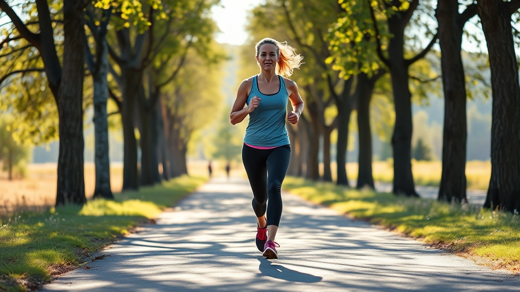 Woman jogging outdoors on tree-lined path, athletic wear, morning sunlight, energetic movement, natural landscape background, wellness focus