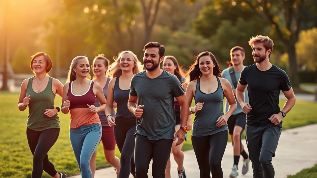 Group of diverse people walking outdoors in park during golden hour, casual athletic wear, natural movement, wellness-focused scene