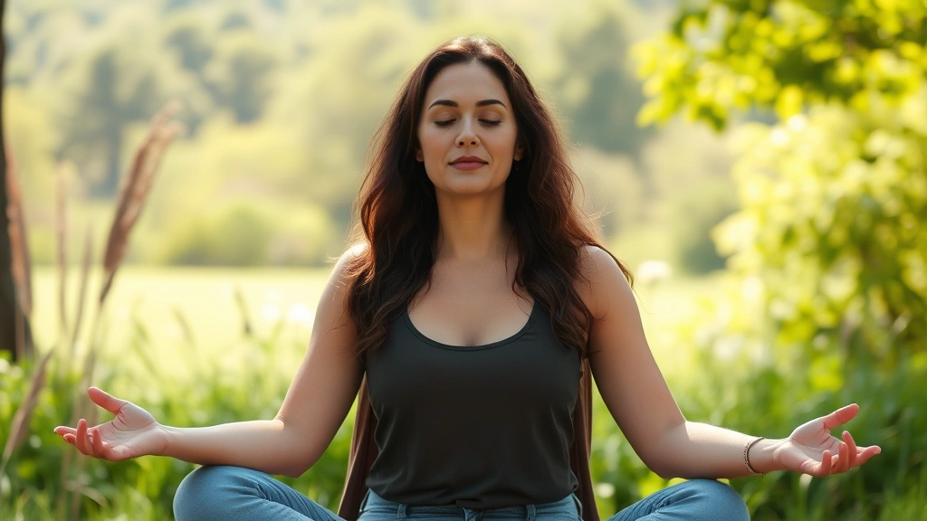 Woman meditating outdoors in peaceful natural setting, calm expression, stress management visualization, morning sunlight, health and wellness focus