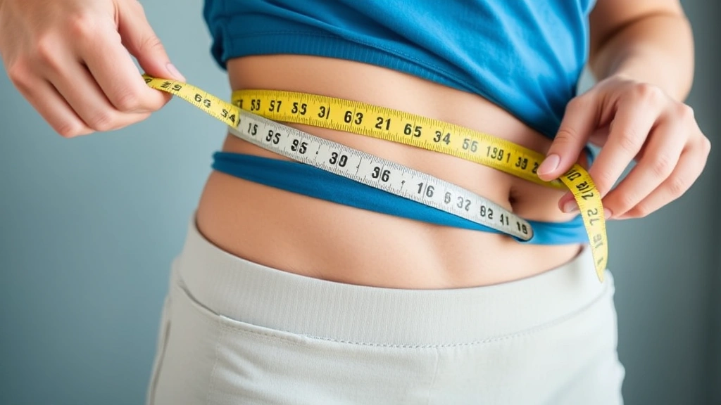 Person measuring waist circumference with a tape measure, showing healthy lifestyle tracking and progress monitoring in a wellness context