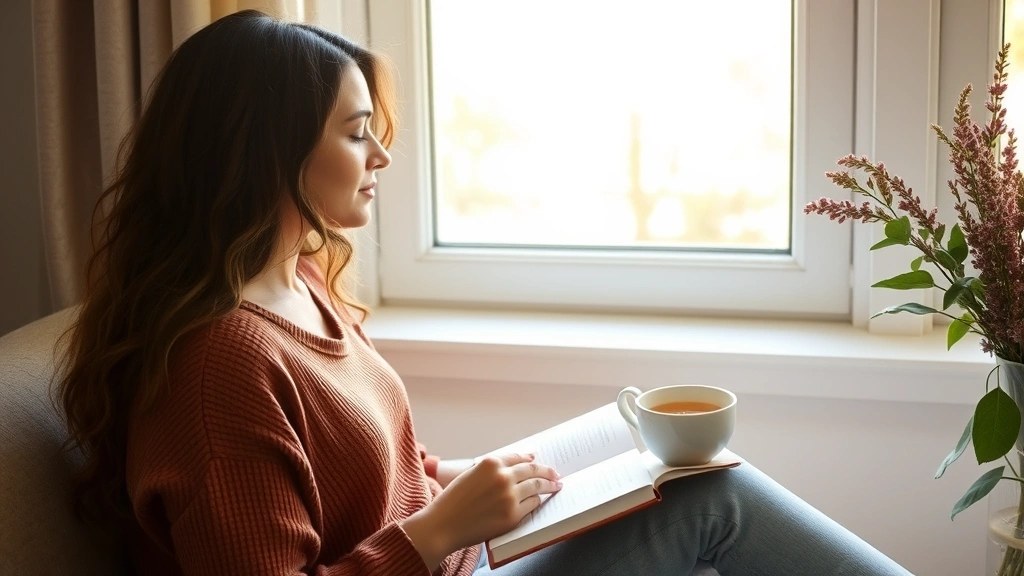 Woman enjoying peaceful morning routine with herbal tea and journal near window with natural sunlight, representing mindfulness and wellness