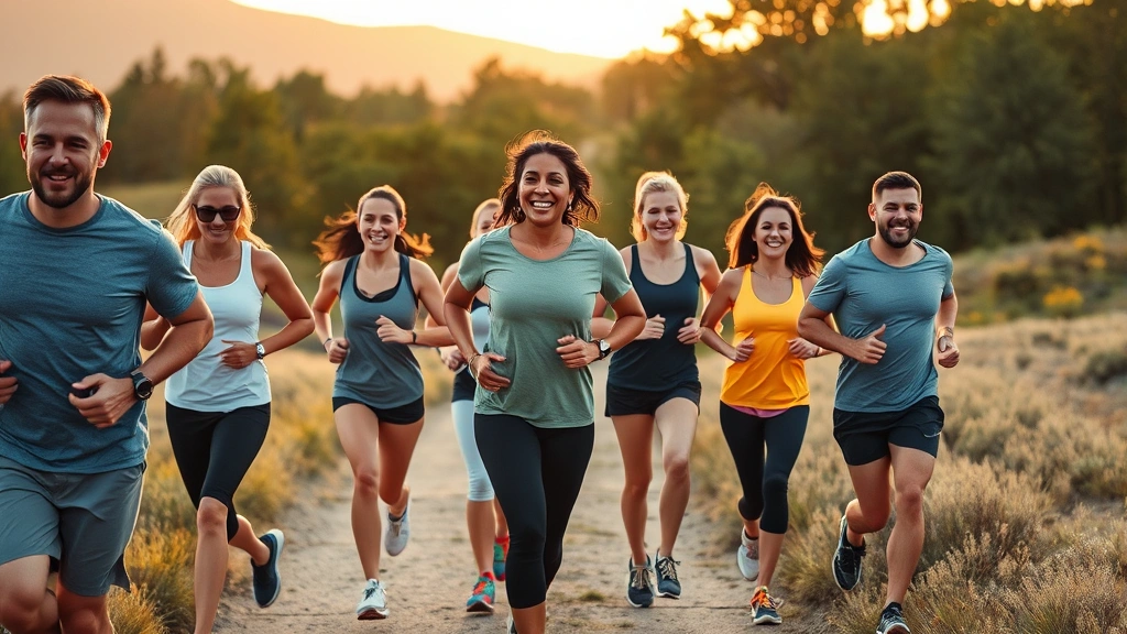 A diverse group of people jogging together outdoors on a scenic trail during golden hour, smiling and energized, demonstrating community support and sustainable fitness habits