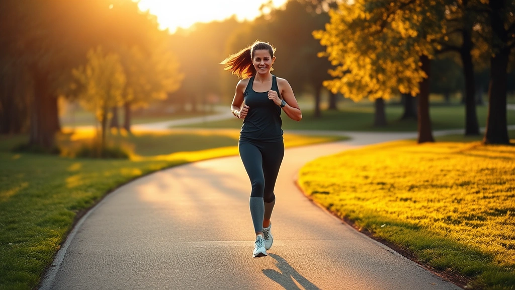 Active woman jogging outdoors on a scenic park path during golden hour, wearing comfortable athletic clothes, representing consistent exercise and outdoor wellness activities
