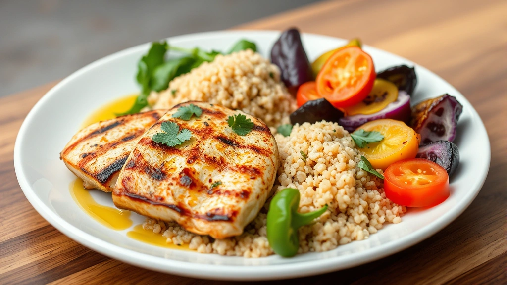 Nutritious meal plate with grilled chicken, colorful vegetables, quinoa, and olive oil drizzle, fresh and appetizing presentation