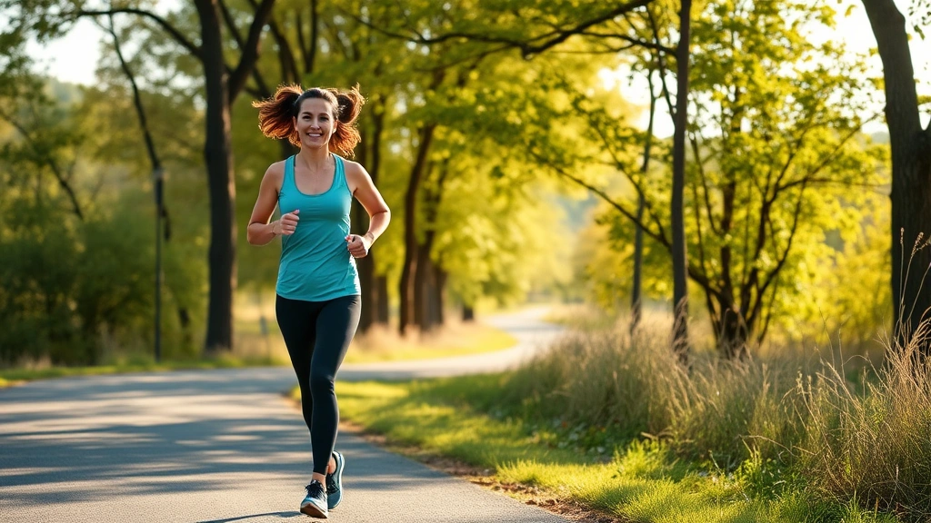 Active woman jogging outdoors on scenic morning path with trees, wearing comfortable athletic wear, energized expression, natural daylight, wellness-focused scene