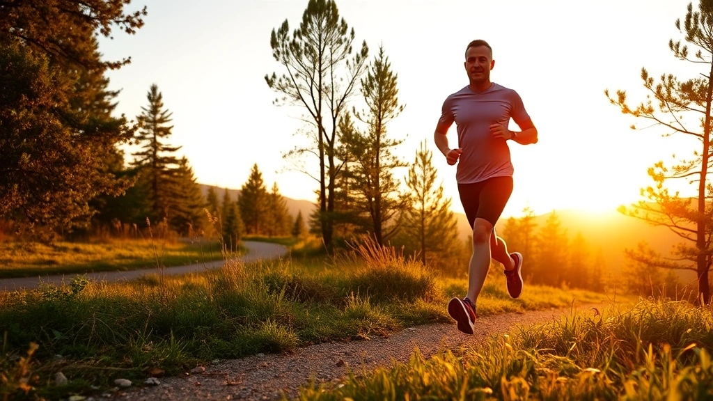 Person jogging outdoors on a scenic trail during golden hour with trees and nature background, showing active lifestyle and cardiovascular exercise