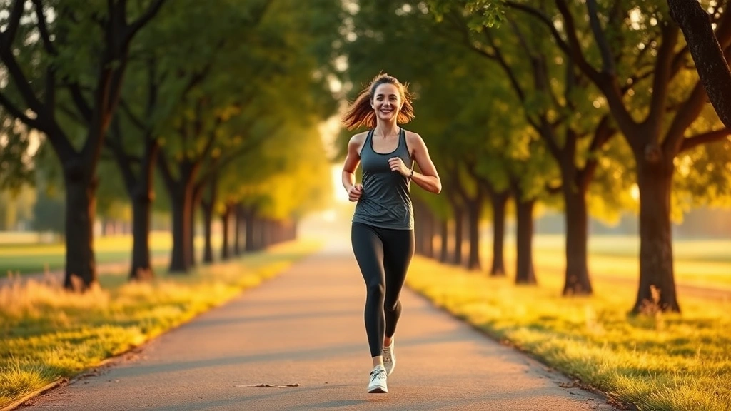 Woman jogging outdoors on tree-lined path at sunrise, athletic wear, confident posture, natural morning light